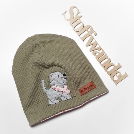 Babymütze Kindermütze bestickt Katze khaki beanie